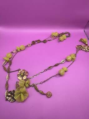 Vintage Floral Brass and Lace Tulle Wrapped Bead Statement Necklace - 21”